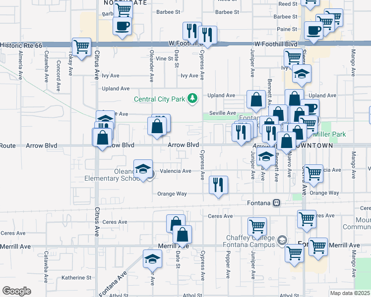 map of restaurants, bars, coffee shops, grocery stores, and more near 16425 Arrow Boulevard in Fontana