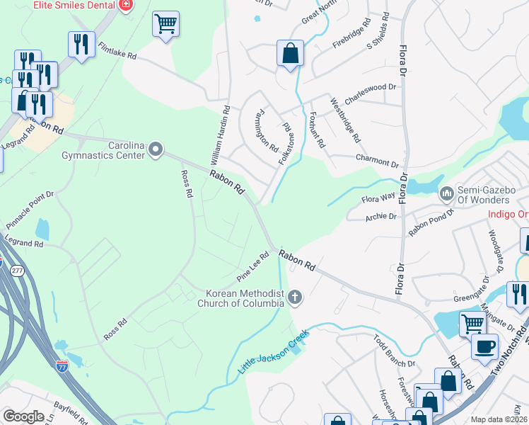 map of restaurants, bars, coffee shops, grocery stores, and more near 350 Rabon Road in Columbia