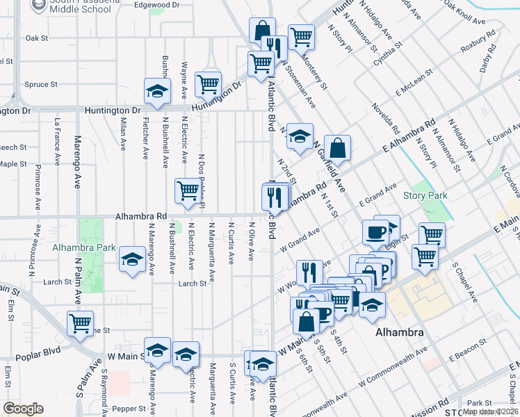 map of restaurants, bars, coffee shops, grocery stores, and more near 606 North Olive Avenue in Alhambra