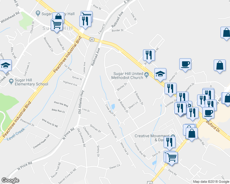 map of restaurants, bars, coffee shops, grocery stores, and more near 1300 Shirley Drive in Sugar Hill