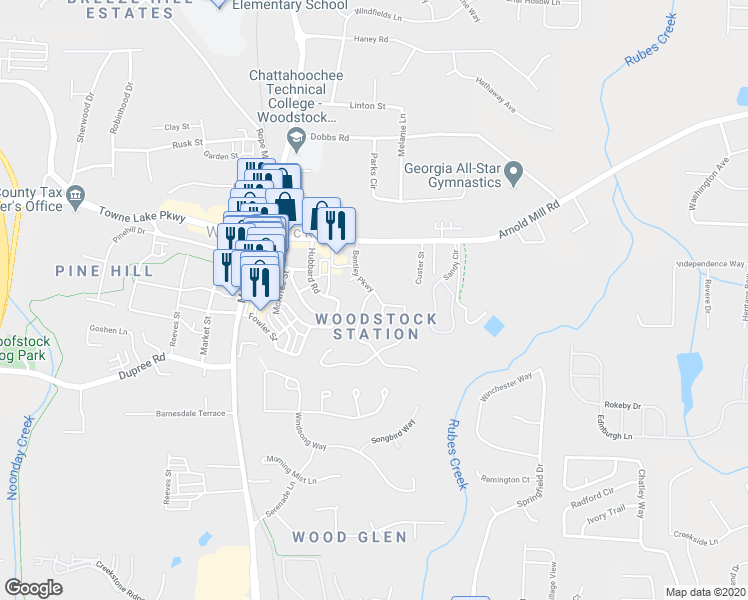 map of restaurants, bars, coffee shops, grocery stores, and more near 122 Bentley Parkway in Woodstock