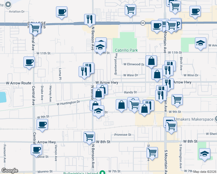 map of restaurants, bars, coffee shops, grocery stores, and more near 1496 Corte Hacienda in Upland