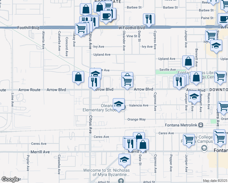 map of restaurants, bars, coffee shops, grocery stores, and more near 16225 Arrow Boulevard in Fontana