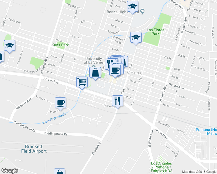 map of restaurants, bars, coffee shops, grocery stores, and more near 2165 D Street in La Verne