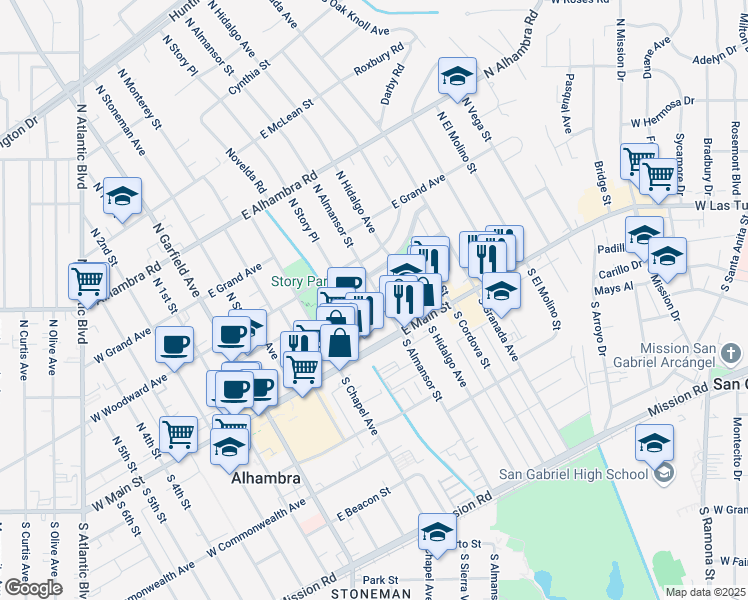 map of restaurants, bars, coffee shops, grocery stores, and more near 109 North Almansor Street in Alhambra