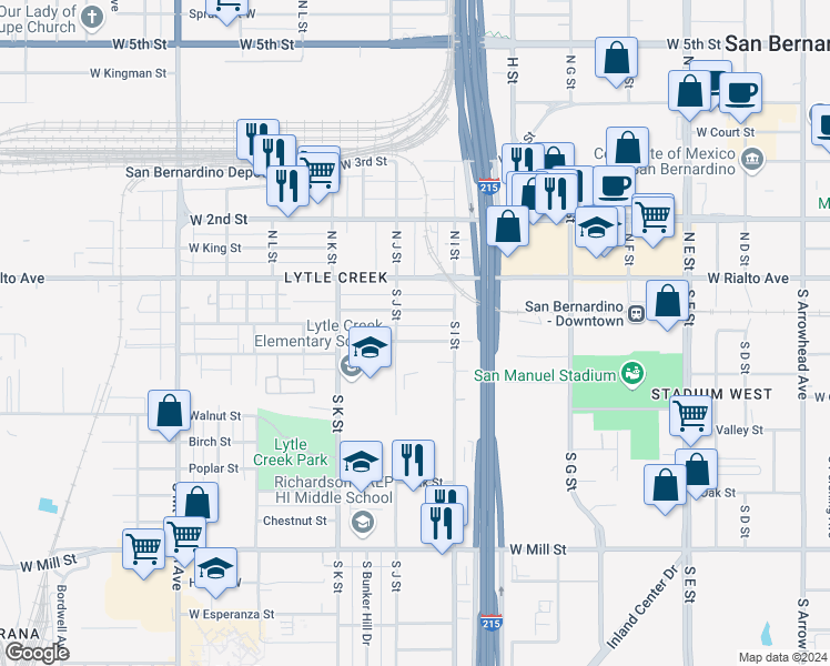 map of restaurants, bars, coffee shops, grocery stores, and more near 972 West Congress Street in San Bernardino