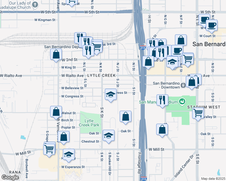 map of restaurants, bars, coffee shops, grocery stores, and more near 1031 West Belleview Street in San Bernardino