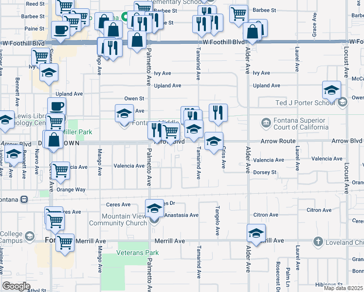map of restaurants, bars, coffee shops, grocery stores, and more near 17420 Arrow Boulevard in Fontana