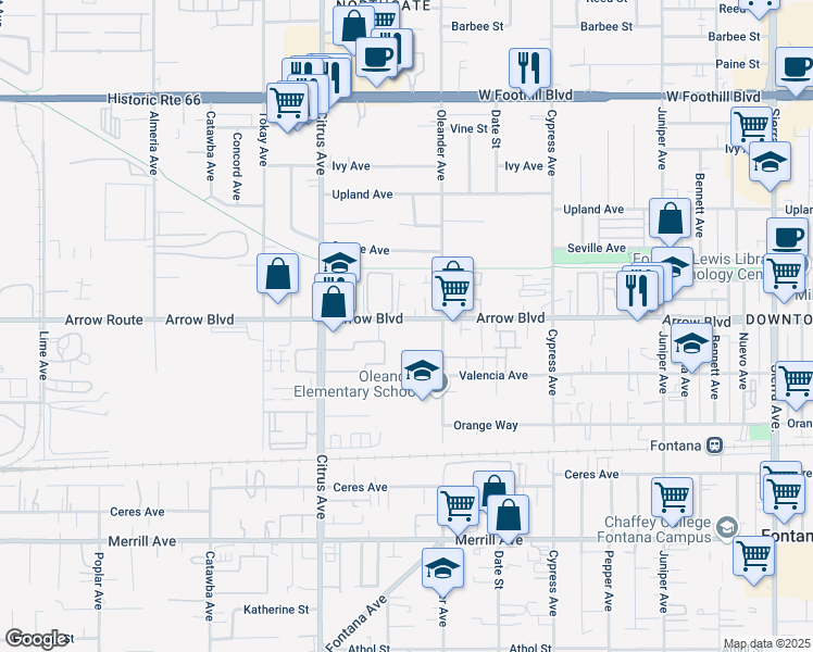 map of restaurants, bars, coffee shops, grocery stores, and more near 16246 Arrow Boulevard in Fontana