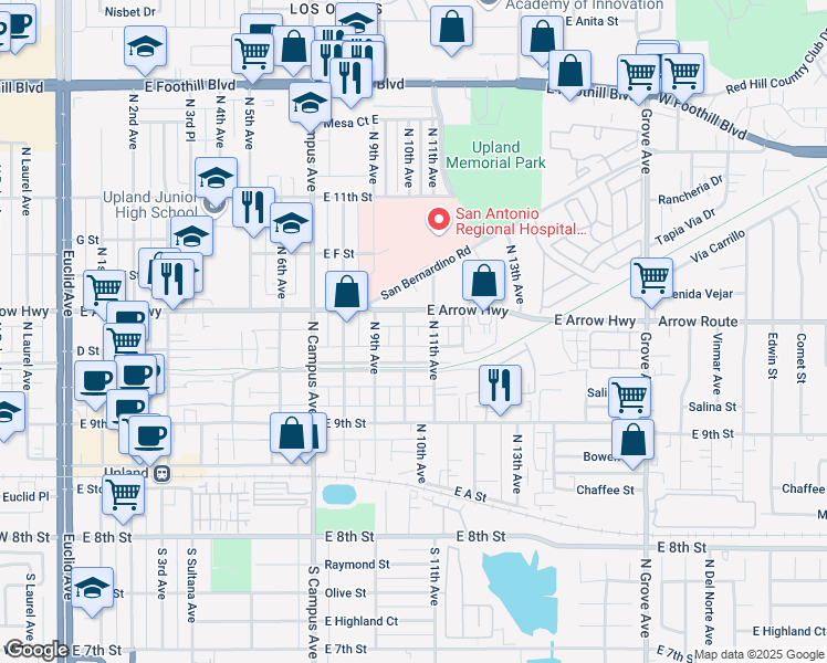 map of restaurants, bars, coffee shops, grocery stores, and more near 1018 East Arrow Highway in Upland