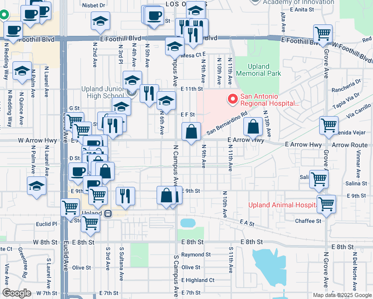 map of restaurants, bars, coffee shops, grocery stores, and more near 481 North 8th Avenue in Upland