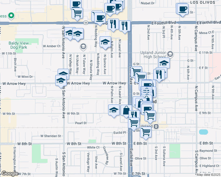 map of restaurants, bars, coffee shops, grocery stores, and more near 222 West Arrow Highway in Upland