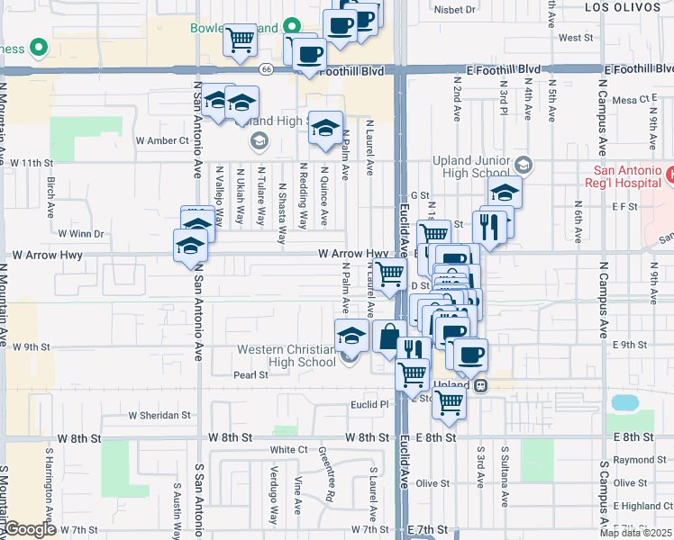 map of restaurants, bars, coffee shops, grocery stores, and more near 222 West Arrow Highway in Upland