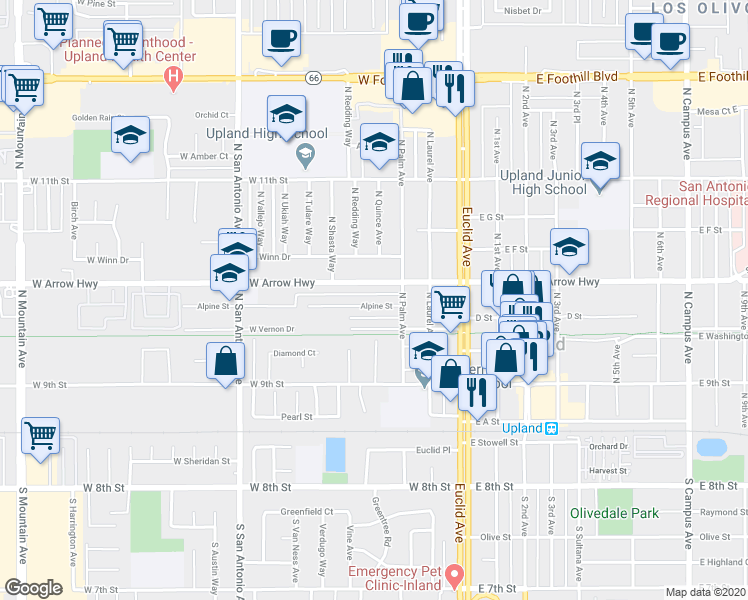 map of restaurants, bars, coffee shops, grocery stores, and more near 344 East Arrow Highway in Upland