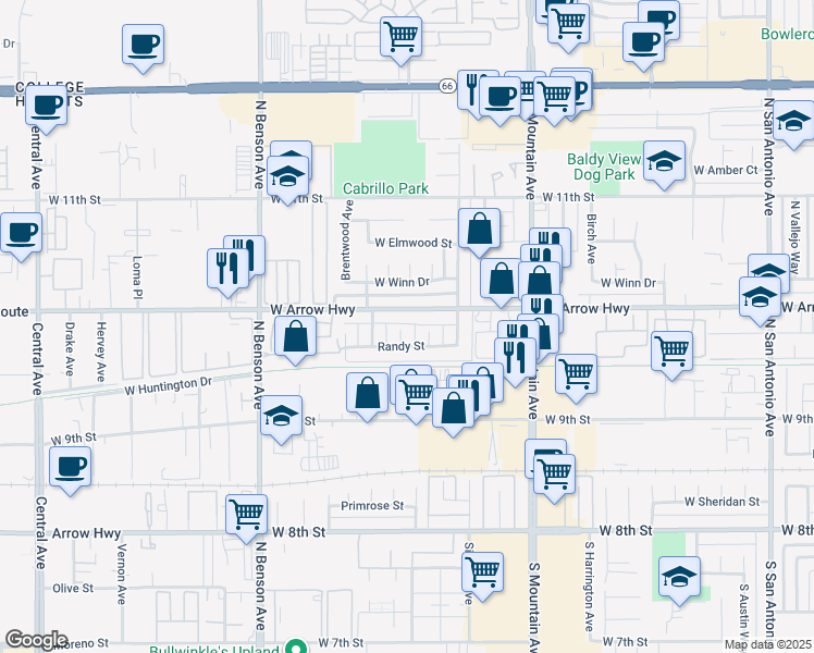 map of restaurants, bars, coffee shops, grocery stores, and more near 1380 West Arrow Highway in Upland