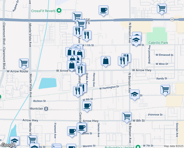 map of restaurants, bars, coffee shops, grocery stores, and more near 1870 West Arrow Route in Upland