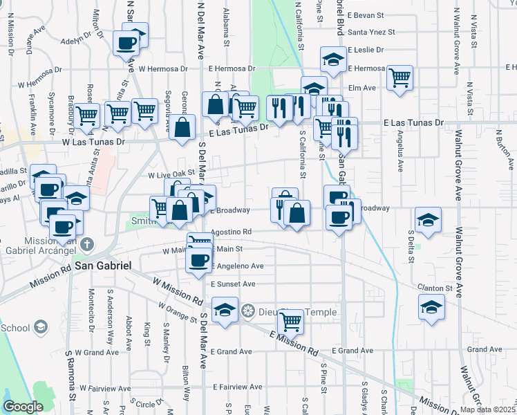 map of restaurants, bars, coffee shops, grocery stores, and more near 248 Saint Francis Street in San Gabriel