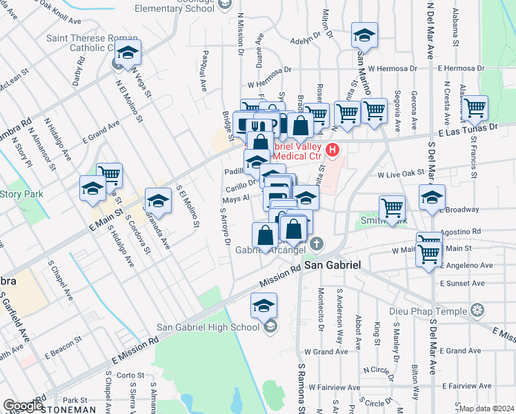 map of restaurants, bars, coffee shops, grocery stores, and more near in San Gabriel