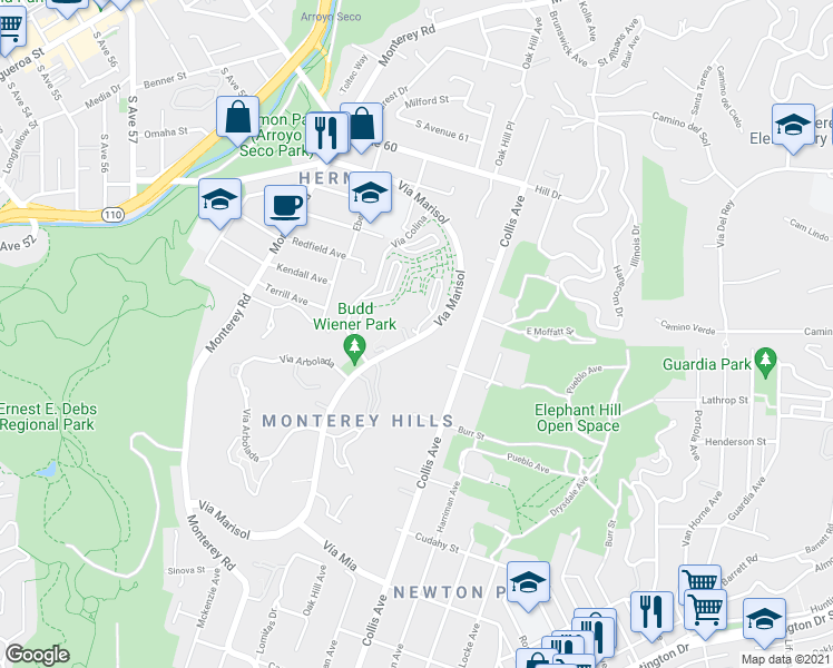 map of restaurants, bars, coffee shops, grocery stores, and more near 4609 Via Marisol in Los Angeles