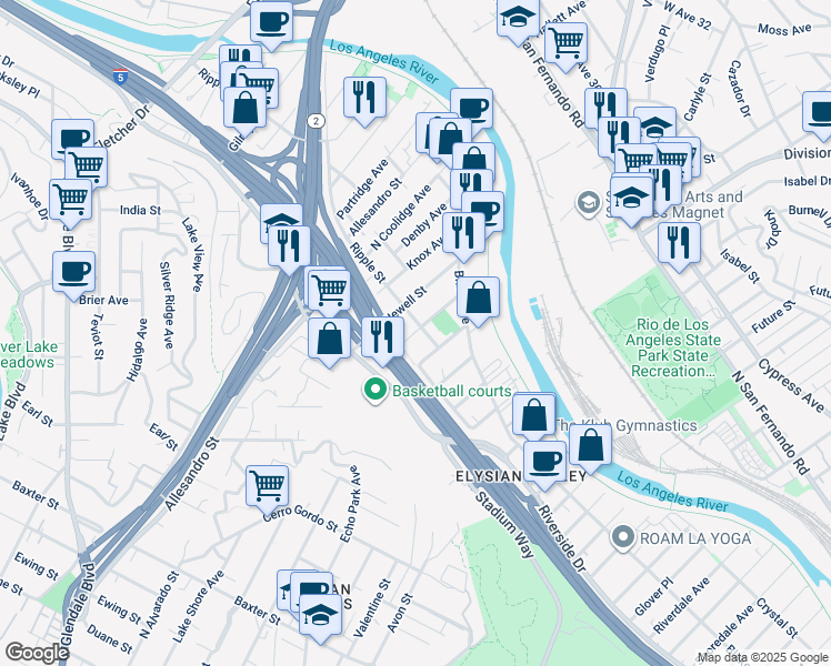 map of restaurants, bars, coffee shops, grocery stores, and more near 2664 Newell Street in Los Angeles