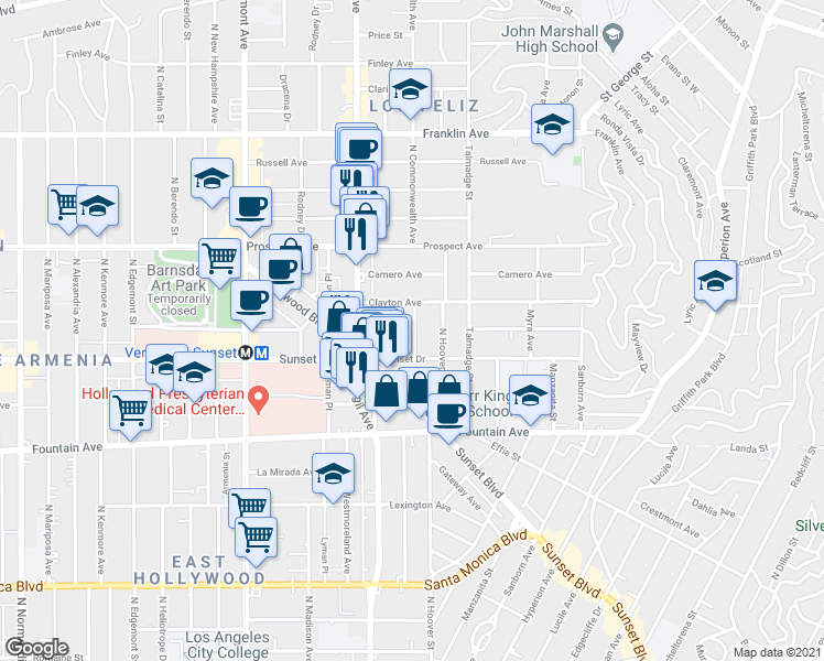 map of restaurants, bars, coffee shops, grocery stores, and more near 1547 North Commonwealth Avenue in Los Angeles