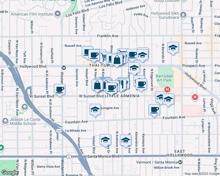 map of restaurants, bars, coffee shops, grocery stores, and more near 1546 Winona Boulevard in Los Angeles