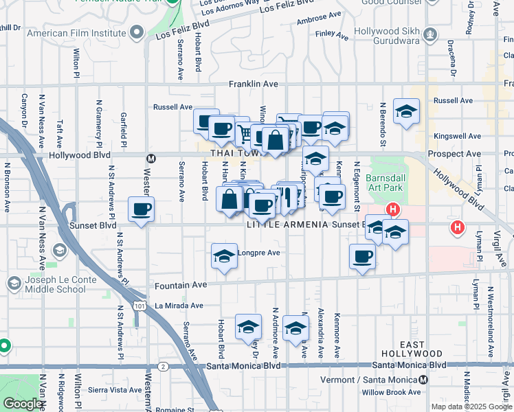 map of restaurants, bars, coffee shops, grocery stores, and more near 1546 Winona Boulevard in Los Angeles