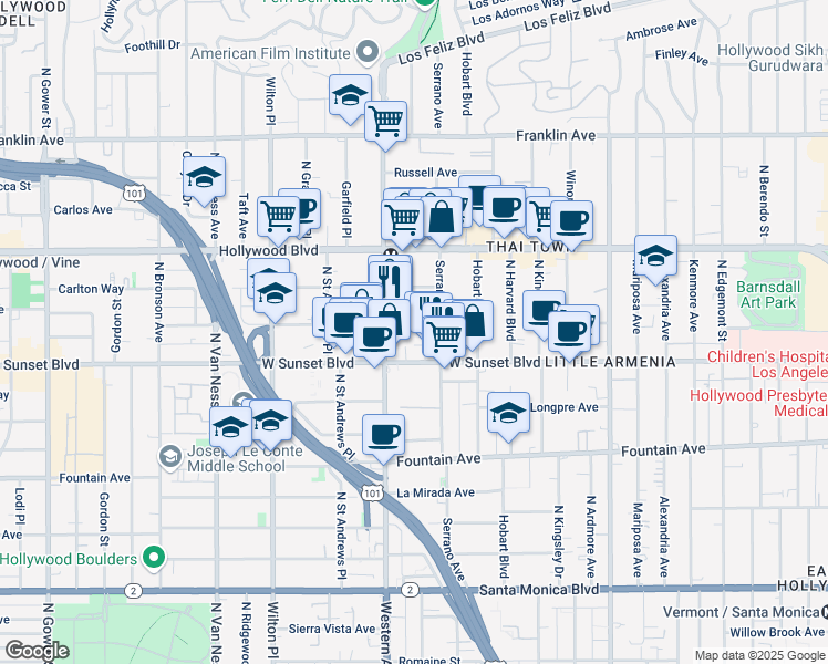 map of restaurants, bars, coffee shops, grocery stores, and more near 5425 Harold Way in Los Angeles