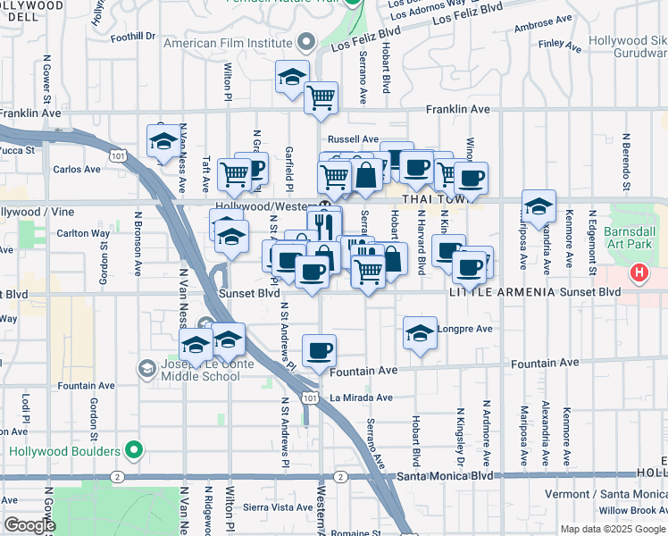 map of restaurants, bars, coffee shops, grocery stores, and more near 5425 Harold Way in Los Angeles
