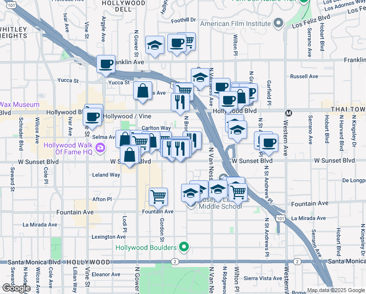map of restaurants, bars, coffee shops, grocery stores, and more near 1545 North Bronson Avenue in Los Angeles