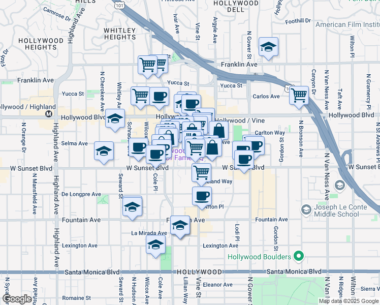 map of restaurants, bars, coffee shops, grocery stores, and more near 1555 Vine Street in Los Angeles