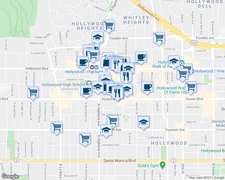 map of restaurants, bars, coffee shops, grocery stores, and more near 1555 North Las Palmas Avenue in Los Angeles