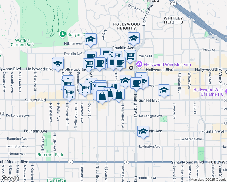 map of restaurants, bars, coffee shops, grocery stores, and more near 7027 Lanewood Avenue in Los Angeles