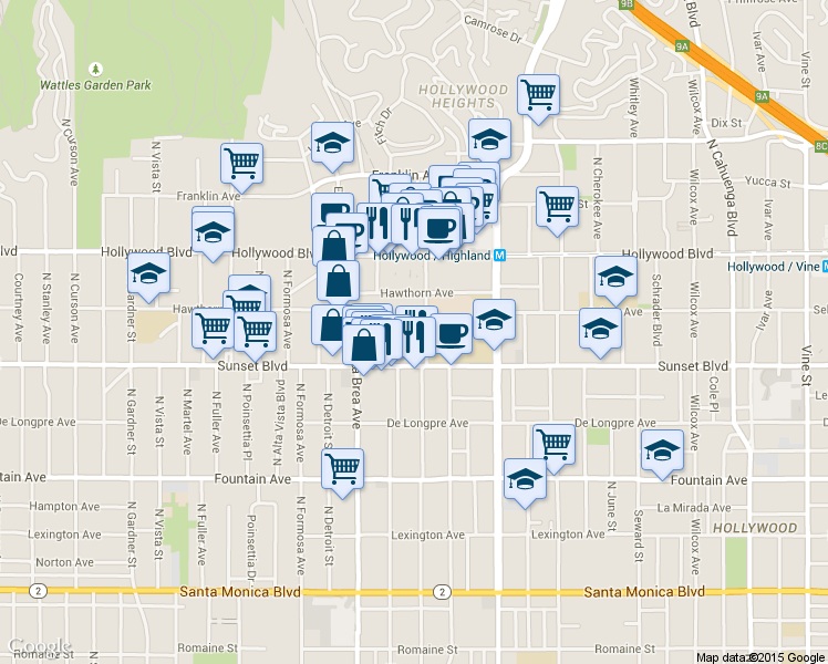 map of restaurants, bars, coffee shops, grocery stores, and more near 7027 Lanewood Avenue in Los Angeles