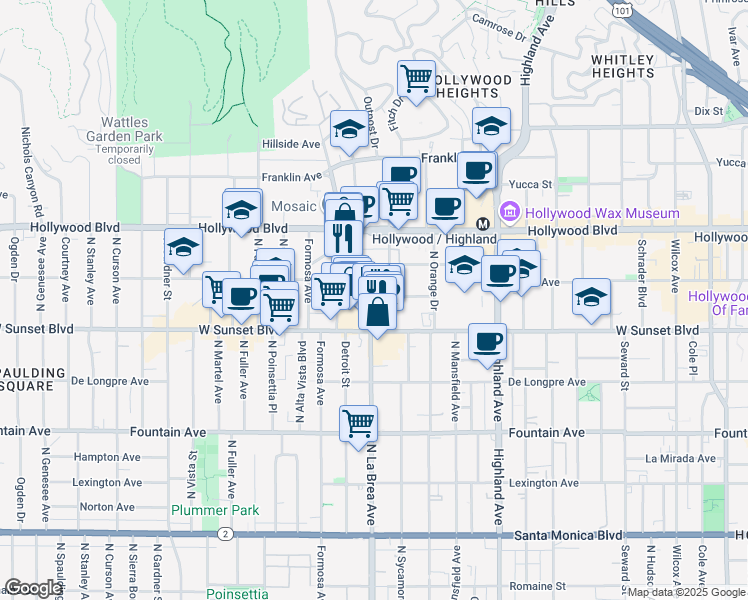 map of restaurants, bars, coffee shops, grocery stores, and more near 7075 Lanewood Avenue in Los Angeles