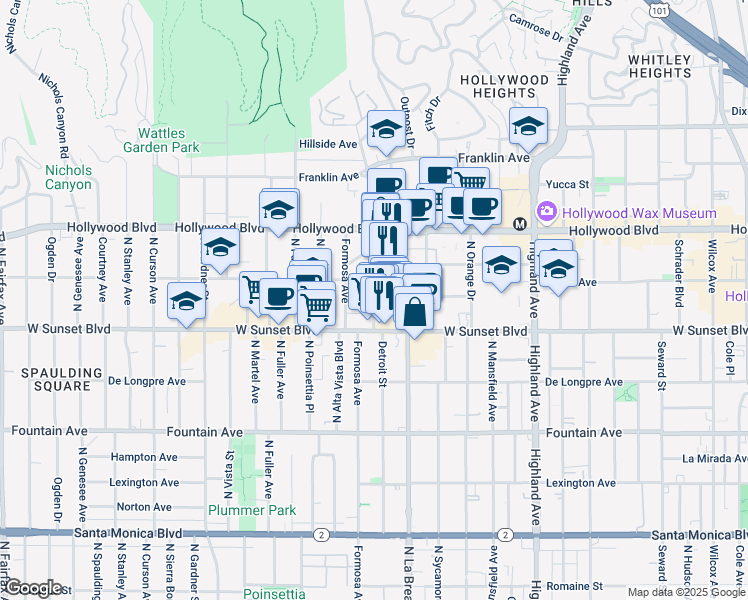 map of restaurants, bars, coffee shops, grocery stores, and more near 7124 Hawthorn Avenue in Los Angeles