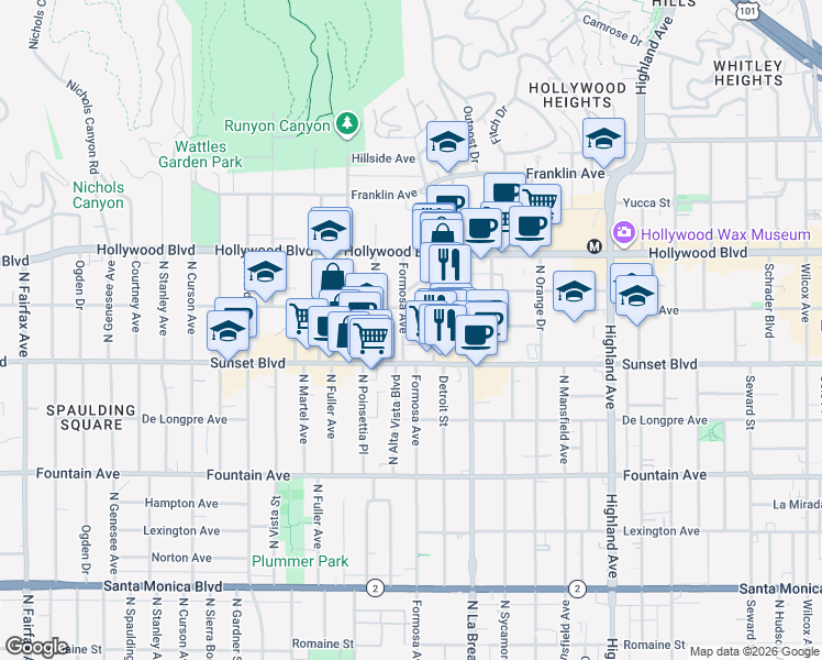 map of restaurants, bars, coffee shops, grocery stores, and more near 7202 Hawthorn Avenue in Los Angeles
