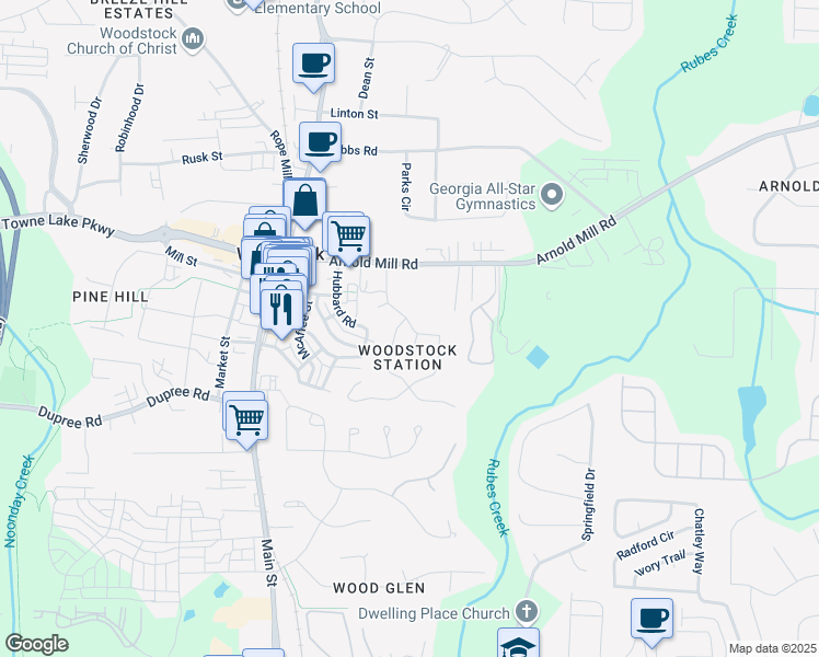 map of restaurants, bars, coffee shops, grocery stores, and more near 124 Bentley Parkway in Woodstock