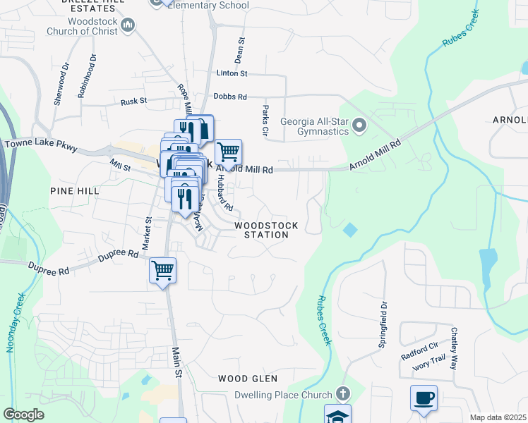 map of restaurants, bars, coffee shops, grocery stores, and more near 122 Bentley Parkway in Woodstock