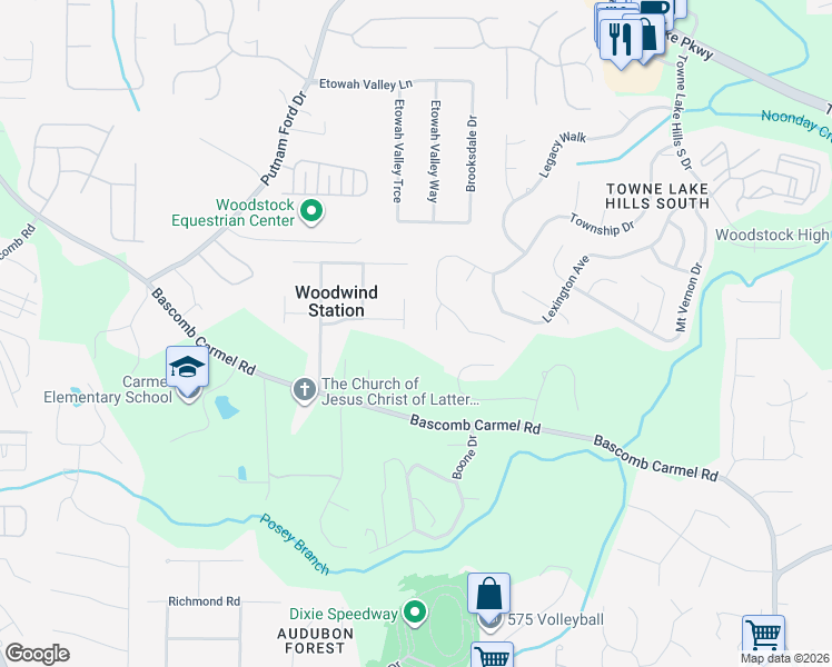 map of restaurants, bars, coffee shops, grocery stores, and more near 504 Wood Crest Court in Woodstock