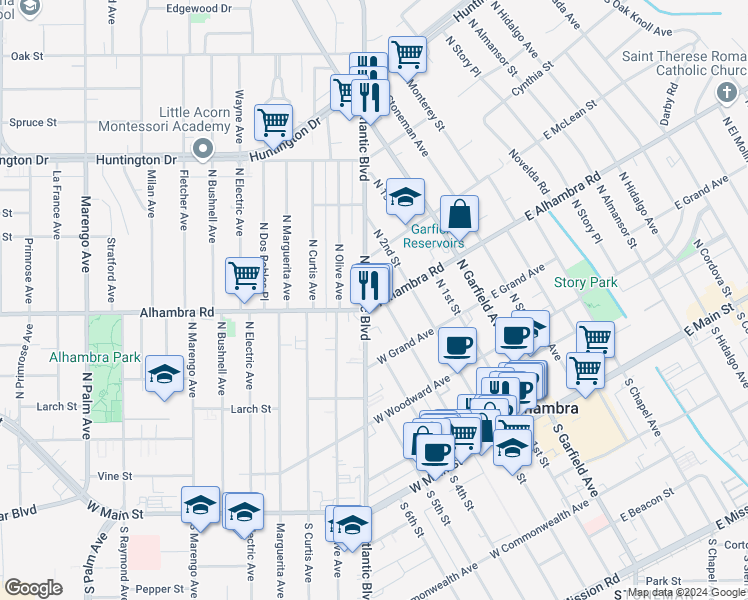 map of restaurants, bars, coffee shops, grocery stores, and more near 309 Alhambra Road in Alhambra