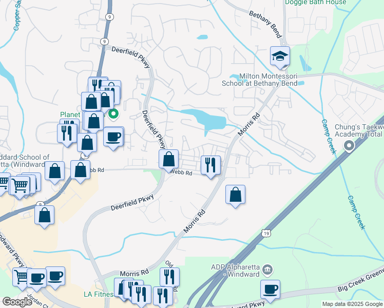 map of restaurants, bars, coffee shops, grocery stores, and more near 3380 New Fawn Lane in Milton
