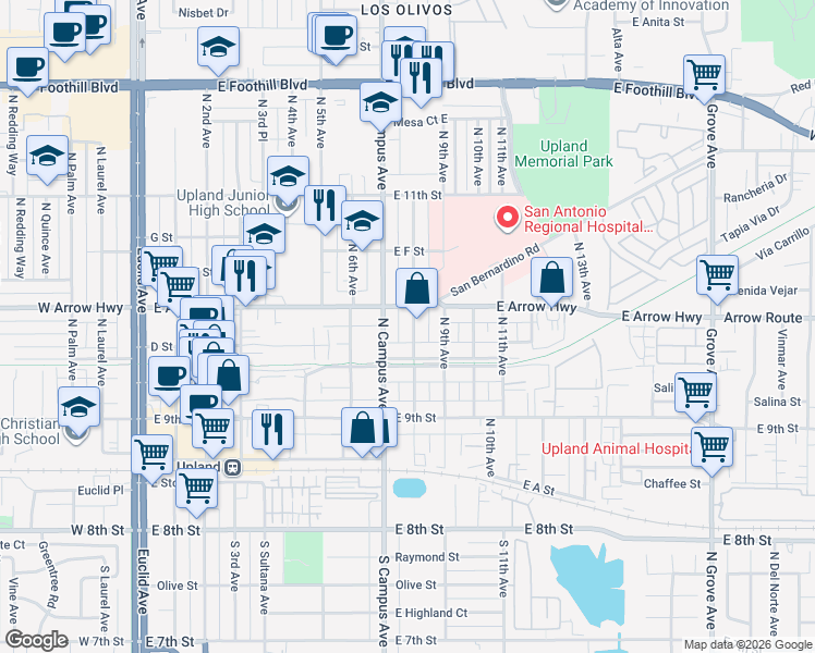 map of restaurants, bars, coffee shops, grocery stores, and more near 449 North 8th Avenue in Upland