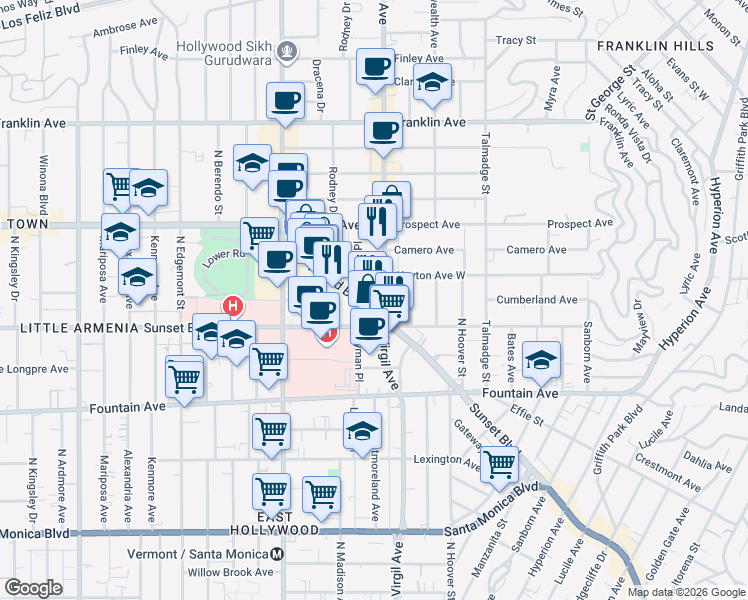 map of restaurants, bars, coffee shops, grocery stores, and more near 4531 Hollywood Boulevard in Los Angeles