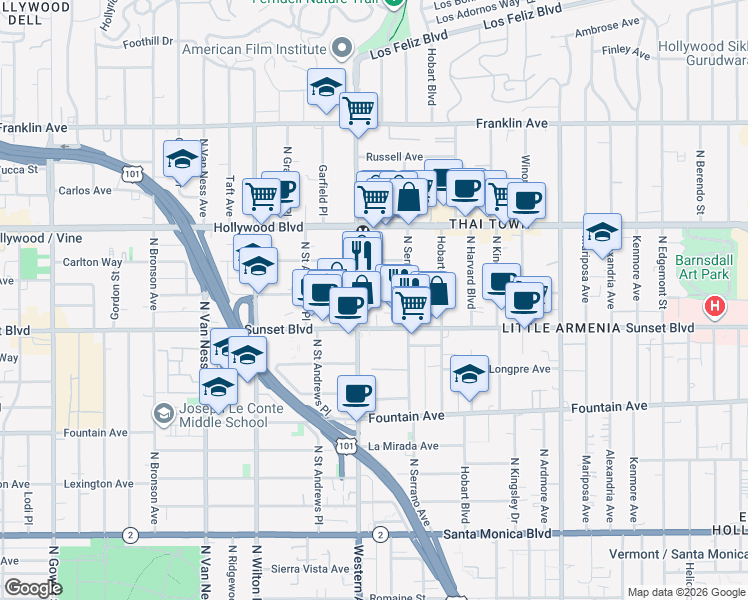 map of restaurants, bars, coffee shops, grocery stores, and more near 5425 Harold Way in Los Angeles