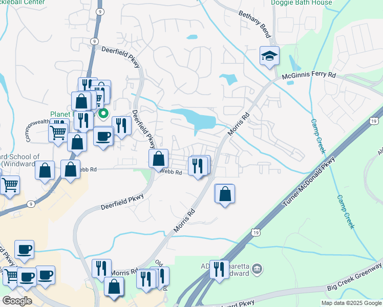 map of restaurants, bars, coffee shops, grocery stores, and more near 844 Ivy Vine Way in Alpharetta