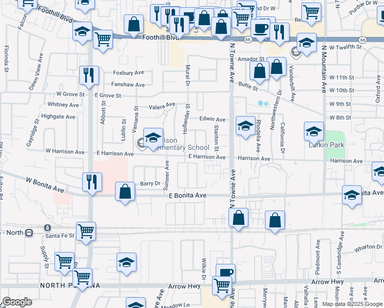 map of restaurants, bars, coffee shops, grocery stores, and more near 2901 Huston Street in Pomona