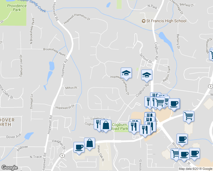 map of restaurants, bars, coffee shops, grocery stores, and more near 2250 Traywick Chase in Alpharetta