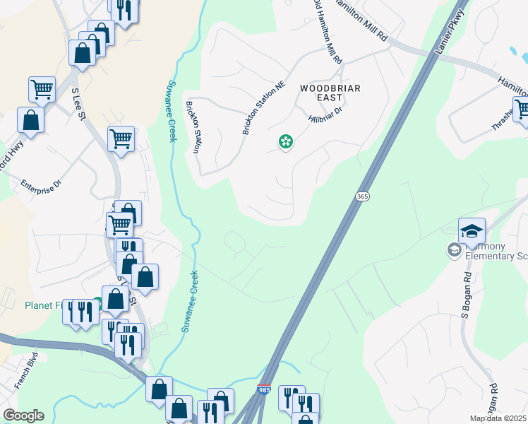 map of restaurants, bars, coffee shops, grocery stores, and more near 4585 Woodland Bank Boulevard in Buford