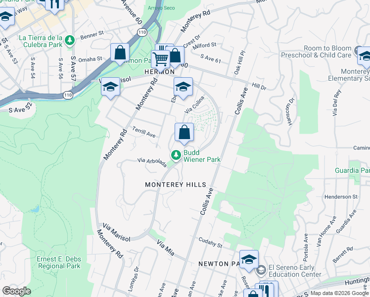 map of restaurants, bars, coffee shops, grocery stores, and more near 4499 Via Marisol in Los Angeles